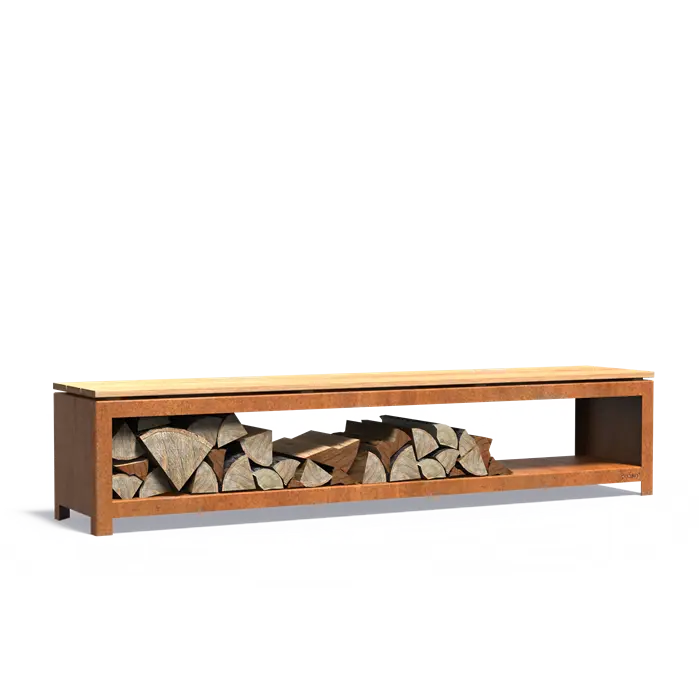 Houtopslag cortenstaal - bank 2000 x 400 x 424 mm