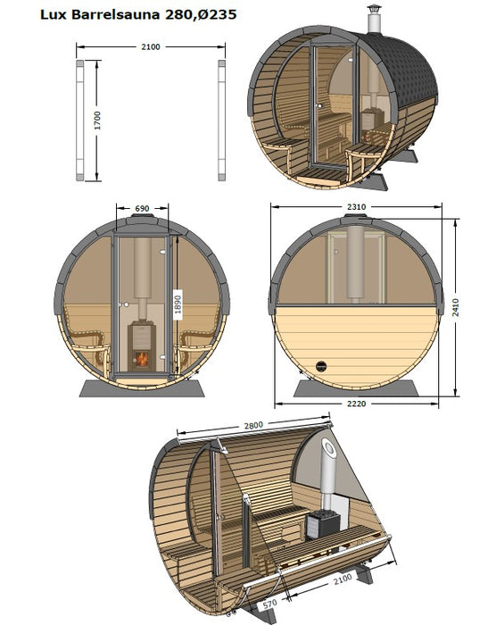 Tonneau de sauna B-lazy : diam : Ø235 ; longueur : 280 + balcon