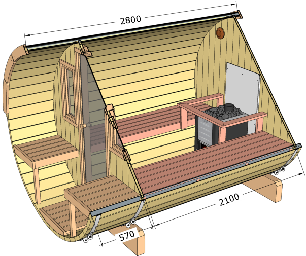 B-lazy Saunabarrel: diam: Ø205; lengte: 280 + balkon